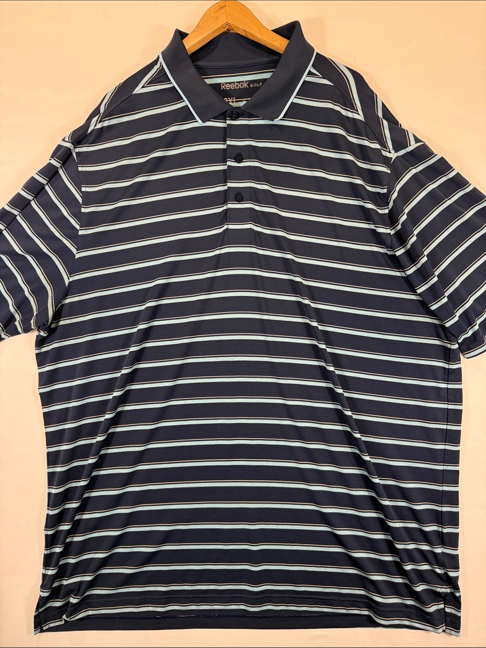 Reebok Men’s Navy and Light Blue Striped Polo